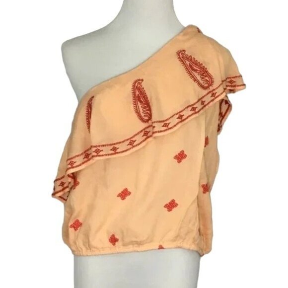 Free People Easy on the Eyes Pastel Orange Embroidered One-Shoulder Top - Picture 3 of 6